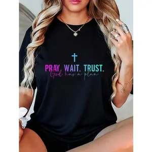 FEEGO Pray Wait Trust God Has A Plan T Shirt Faith Graphic Tee Inspirational Shirt Spiritual Casual Wear Comfy Soft Summer Tshirt