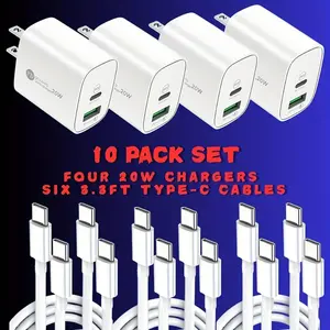10pcs Charging Kit Including 2 QC3.0 PD Dual-port Fast Chargers At 20W Each, Plus 3 Type-C to Type-C Data Cables for iPhone 17 Pro Max/16/15, Galaxy S25, Pixel, iPad, Iphone Charger, Charger Fast Charging, Type C Charger, Charger Block, Fast Charger Adapt