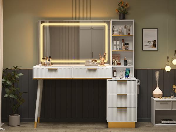 AMERLIFE 54" Tall Makeup Vanity, Vanity Desk Table with 35"W x 24"H Mirror, 5 Drawers, 3 Shelves & Charging Station, Glass Top, Modern Minimal for Home Storage/Interior Bedroom Furniture/Best Gift Ideas/Christmas Gifts