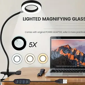 LED Magnifying Glass Desk Lamp, Modern computer lamp, USB Jewelry Engraving Work Light, 3 Adjustable Lighting Modes, 10 Brightness Levels, Adjustable Rotating Magnifier, Eye Protection Bedside Clip Light, Suitable for Manual Engraving, Office Reading