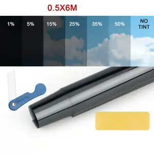 Car Window Tint Film 0.5x6M Roll, 1%/5%/15%/25%/35%/50% VLT, Black Privacy Solar Tint, UV & Heat Blocking, DIY Car Glass Sun Shade Film with Installation Tools, for Auto Side Windows Sunroof SUV Van