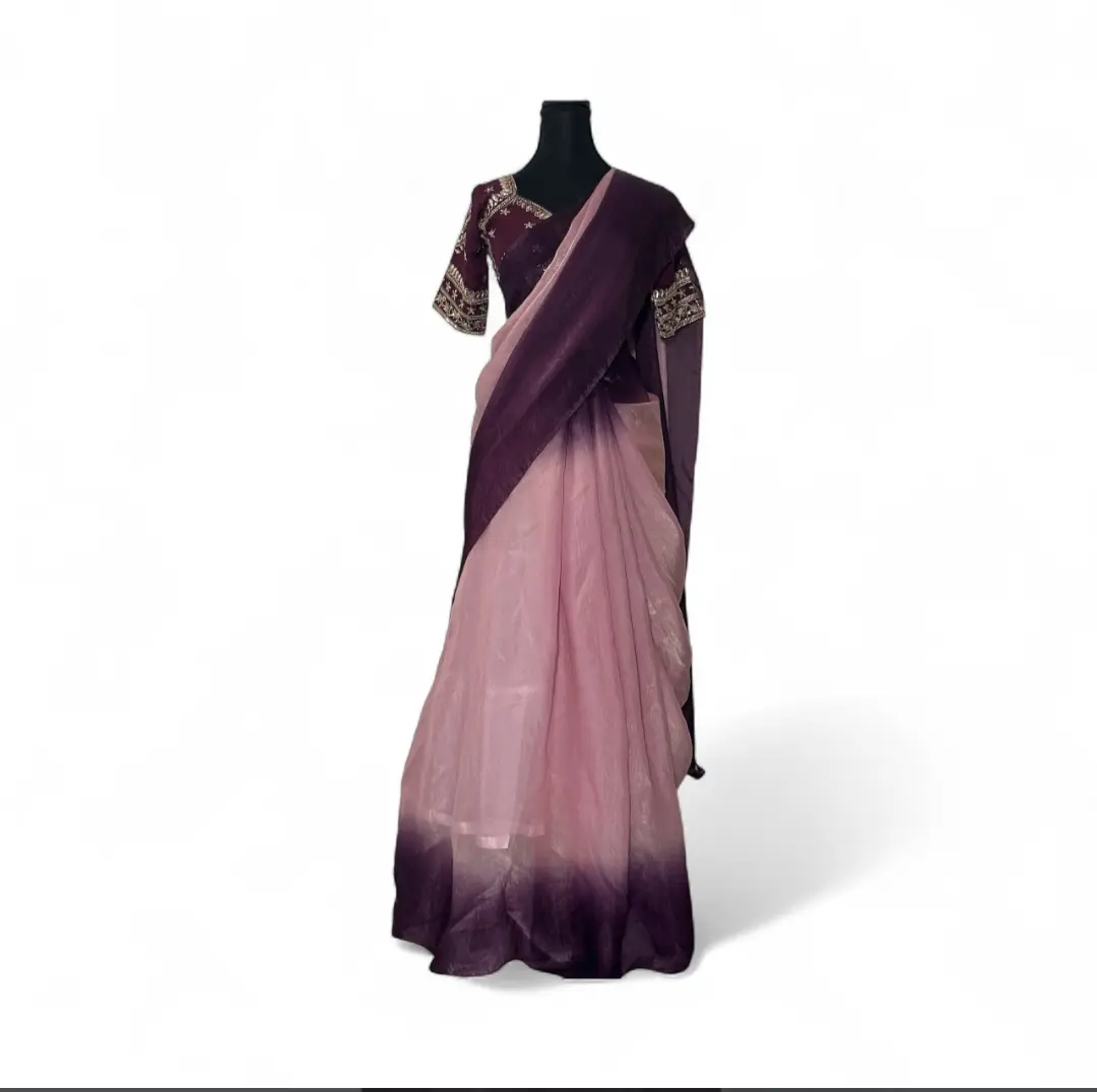 Elegant Ombre Saree in Sage Peacock Elegance with Embroidered Sleeves for Festive Occasions and Weddings