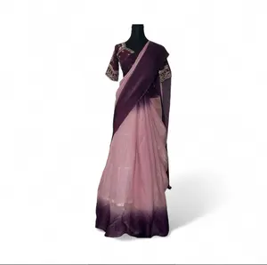 Elegant Ombre Saree in Sage Peacock Elegance with Embroidered Sleeves for Festive Occasions and Weddings