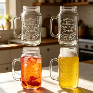 Mason Jar Cups Set of 6,16 oz Mason Jar with Handle,Clear Glass Drinking Glasses for Coffe Cup,Cold Beverages,Cocktails,Summervibes