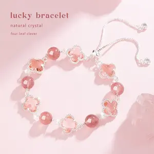 Crystal Bracelet Four-Leaf Clover Women’s Light Luxury Niche Design Strawberry Quartz Beaded Bracelet Birthday Gift for Best Friend Girlfriend