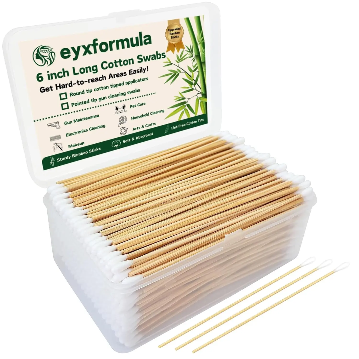 Eyxformula 6-in Cotton Swabs with Enhanced Strength Bamboo Sticks, Soft Cotton Tips, Long Length for Household Cleaning, Storage, Pet Ear Care & Makeup Use, 6 Inch, Crafts, Hard-To-Reach Areas, Extra Long Length, Large Coverage, Gun Maintenance, Lint-Free