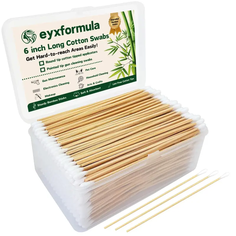 Eyxformula 6-in Soft Cotton Swabs - Bamboo Sticks, Enhanced Strength, Lint-Free Tips, Long Length, Portable Reusable Storage Box, For Makeup, Household Cleaning, Naturally Derived