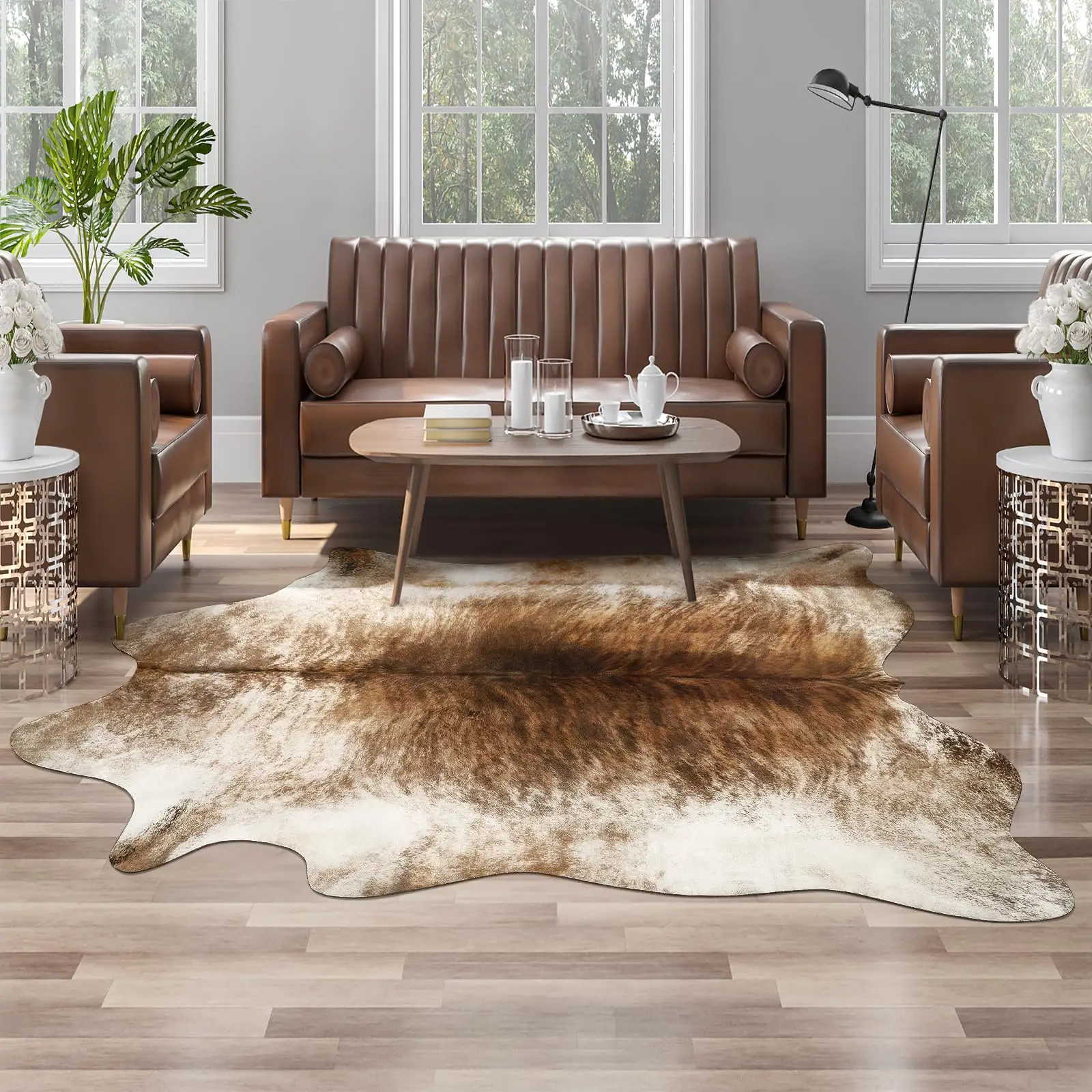 LOCHAS Premium 100% Polyester Cowhide Rug Western Style Animal Print Faux Fur Soft Comfortable Durable Easy to Clean Decor for Bedroom Living Room