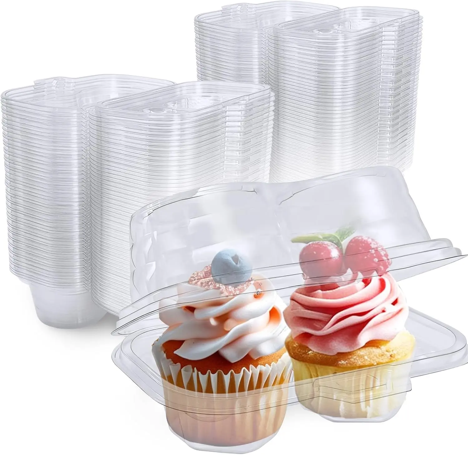 100 Pack Plastic Cupcake Containers with Lids, Disposable 2 Count | Clear Cupcake Boxes Holders Carrier, Cake Storage Packaging to Go Muffin Containers for Dessert Donut Salad Bakery Wedding