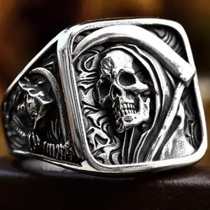 SATANICRING  Wide Version Large Size European and American Punk Hip-Hop Grim Reaper Skull Ring Bold Trendy Retro Vintage Personality Jewelry