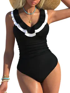 Women's One-Piece Swimsuit V-Neck Lace Trim Detail, Perfect for Beach Vacation Summer, Stylish and Comfortable Swimwear, Ruffle Trim Swimsuit