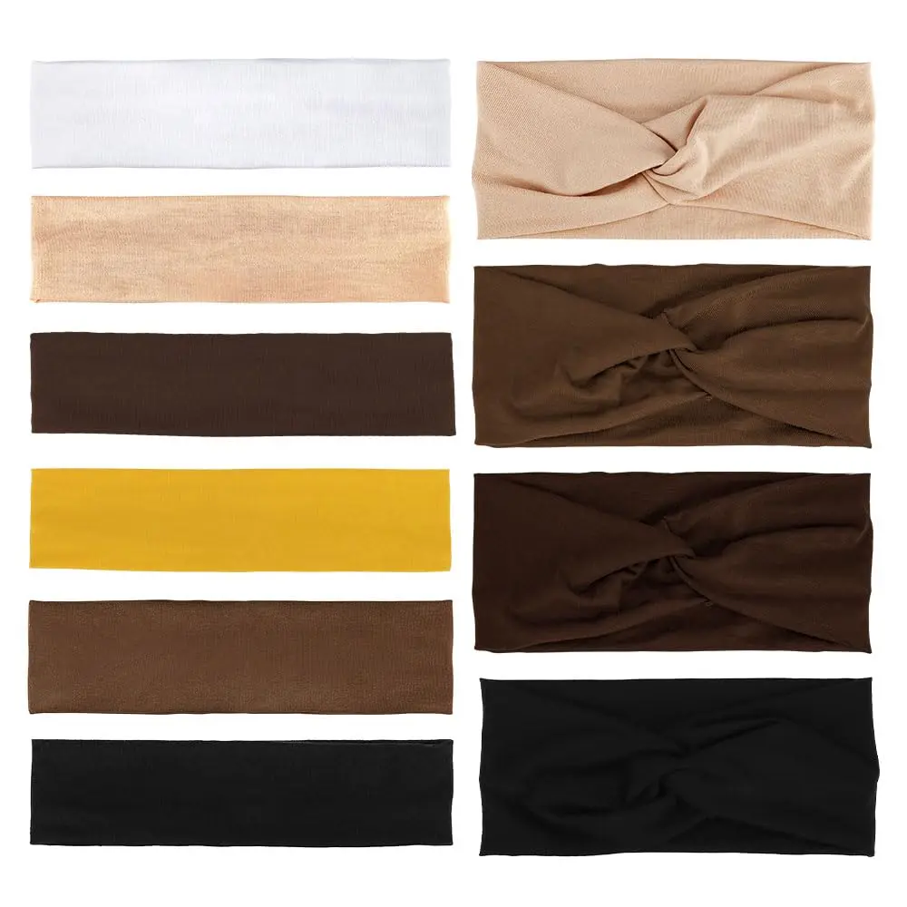 Headbands for Women Non Slip, 10 Pack Thin Hair Band & Wide Twist Headband for Women's Hair, Cotton Elastic Hair Accessories for Workout Yoga Running (Brown)