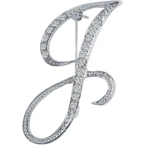 A-Z 26 Letters Pins Brooches Silver Plated Metal Broaches Pins-Clear Crystal Initial Breastpin