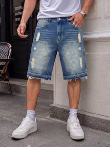 Men's Washed Distressed Denim Jorts, Loose Straight Leg Jean Shorts with Wide Leg, Ripped Details and Frayed Hem, American Vintage Streetwear Casual Style