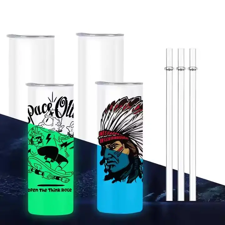 25-Pack 20oz Glow-in-the-Dark Sublimatable Blank Tumblers - Stainless Steel Double Layer Vacuum Insulated Cups, Classic Skinny Straight Custom-Printable Drinkware, White-to-Blue/White-to-Green Luminous, with Lid and Straw, USA Warehouse, Vacuum Insulated