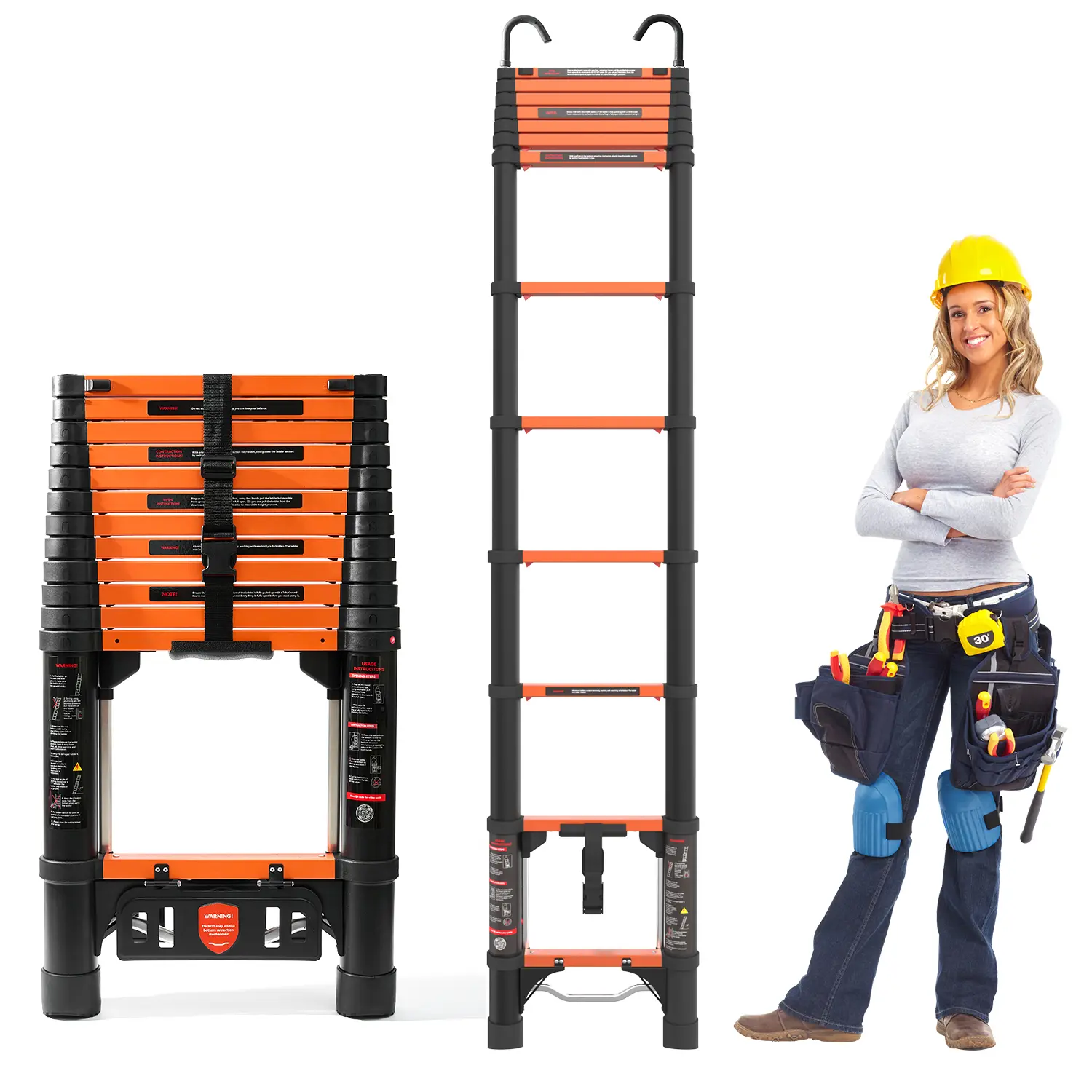 12.5FT Telescoping Ladder,Quick Folding Aluminum Extension Ladder for RV/Home/Outdoor, 330lbs Max Load Orange
