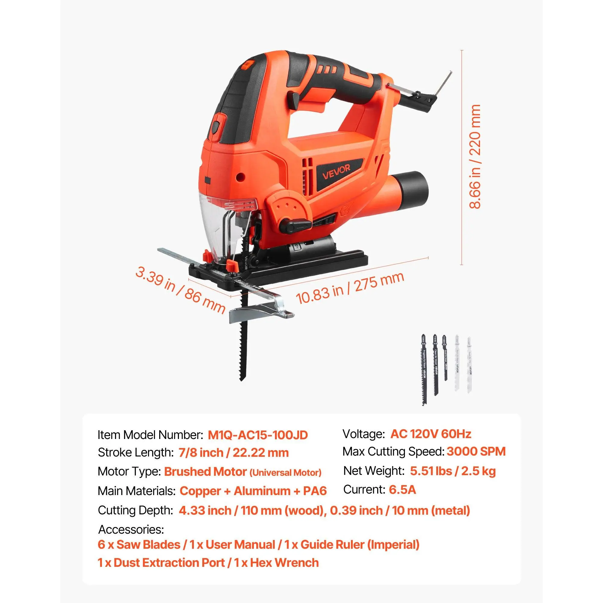 VEVOR Jig Saw, 6.5 Amp, 3000 SPM Blade Speed, Electric Jigsaw with 6 pcs Blades, LED Light, 6 Variable Speed, 0- 45 Bevel Cuts, 4 Orbital Settings for Straight/Circle Cutting, for Wood and Metal
