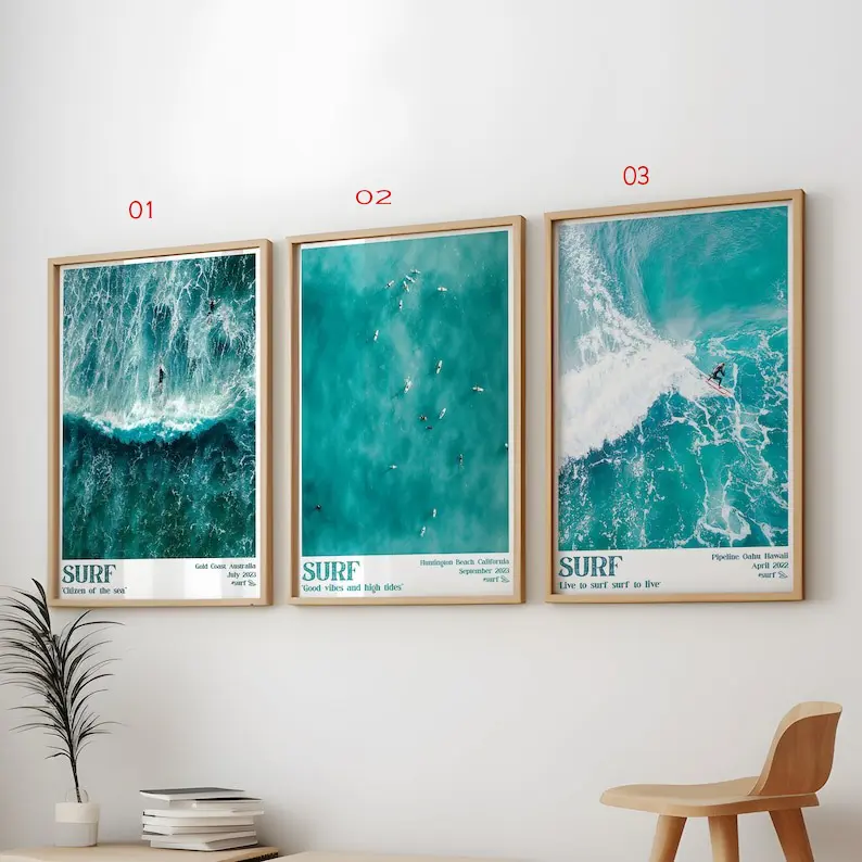 Surf Posters 3 Pack, Surf Coastal Art Summer Wall Print Painting, Surf Set of 3 Posters, Surf Wall 3 Art Bundle, Set of 3 Surf Prints