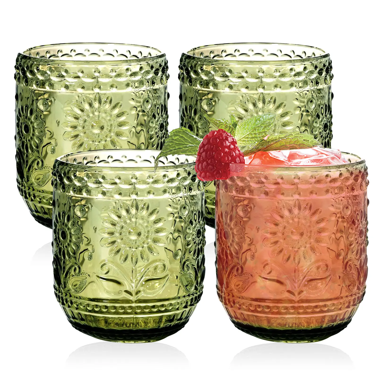 Vintage 4-Piece 12 oz Embossed Floral Green Drinking Glasses - Heavy-Duty Colored Tumblers, Kitchenware Ideal for Whisky, Cocktails