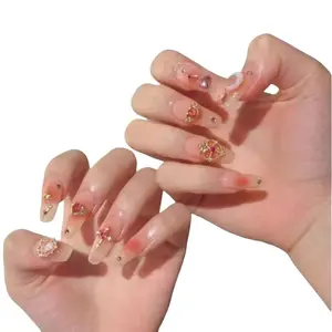 TISXTISW Press On Nails - Handmade Trapezoid Fake Nails with French Tip, Pink, 10g, Includes Storage Box, Alcohol-Free, 3-Minute Styling Tool