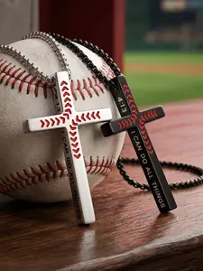 Fashion Baseball Cross Necklace, 4:13 Bible Verse Pendant, Silver Color, Men's Stainless Steel, Allergic Safe, Ideal Gift