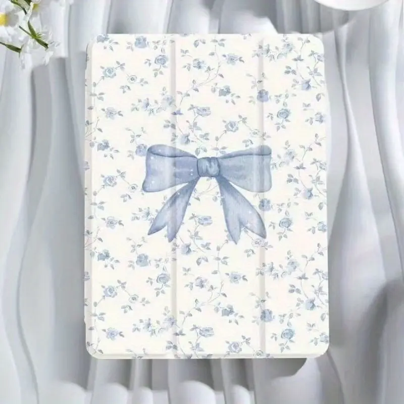 Elegant Blue Floral Pattern Tablet Case with Bow & Auto Sleep/Wake Function - Flowers Tablet Accessory for iPad 11 2025, Air 7 2025 10.9in, Air 4-6 10.2in, Pro 11 10th, 9.7in, 10.5in