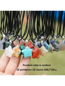 20 Star Natural Crystal Pendant Necklace Set Synthetic Quartz Gemstone Jewelry with Black Adjustable Leather Cord for DIY Crafting Party Birthday Gift (20 Pendants 20 Chains)