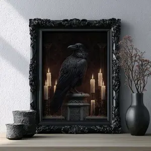 Raven With Candles, Vintage Poster, Art Poster, Dark Academia, Gothic Victorian Crow Mystical Night Art Print, Autumn Forest Decor Print