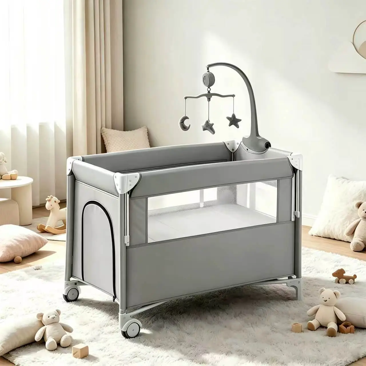 Baby Playard, Portable Travel Crib, Breathable Mesh Foldable Baby Playpen with Mattress, 6 Adjustable Height Side Sleeper Bed, Compact Lightweight Multifunctional Baby Bed for Newborn Toddlers, Grey