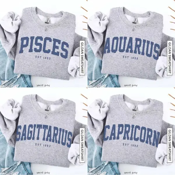 (Leave A Note or DM to Shop) (Ver 3) Custom Zodiac Sweatshirt – Sport Grey Color, Custom Year-Est Your Year Astrology Pullover, Cute Horoscope Energy Gift, Unisex Crewneck Sweatshirt, Birthday Zodiac Sign Outfit