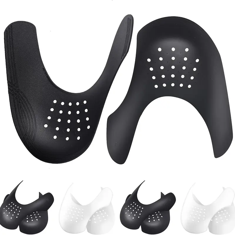 Shoe Crease Protectors, 4 Pairs Lightweight Durable Synthetic Sneaker Toe Guards with Auxiliary Cutting Lines, Vent Holes, Ergonomically Designed, Cuttable, Extends Shoe Life, Fits Men’s 7.5-12 & Women’s 5-8.5, Black/White, Protector For Shoes, Anti-Creas