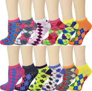 Women’s Low Cut Ankle Socks | Argyle Neon No-Show Design | 12-Pair Pack
