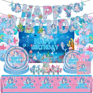 Mermaid theme ocean birthday party supplies pull flag tablecloth background cloth dinner plate balloon tissue decoration set Insert Ornaments