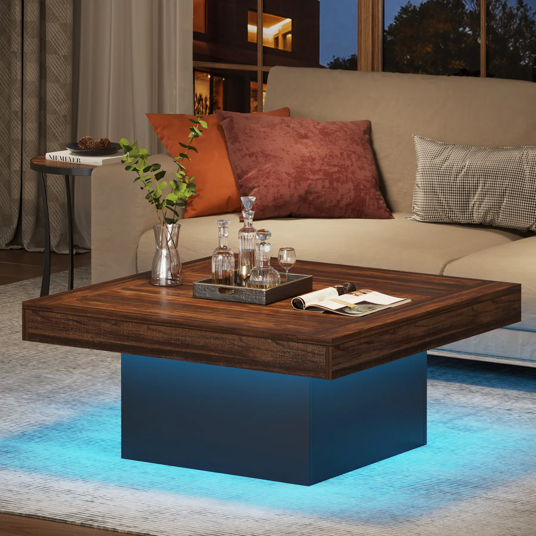 Tribesigns Square LED Coffee Table, Industrial Engineered Wood Coffee Table for Living Room