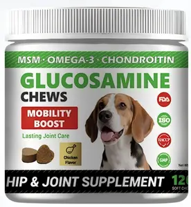 Glucosamine Treats for Dogs - Joint Supplement w/Omega-3 Fish Oil - Chondroitin, MSM - Advanced Mobility Chews - Joint Pain Relief - Hip & Joint Care - Chicken Flavor - 120 Ct - Made in USA