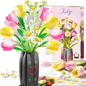Tulip Bouquet Toy Adult Building Block Set, Artificial Flowers with Daisy and Vase, Kids Crafts, Home Decor, Birthday Gift