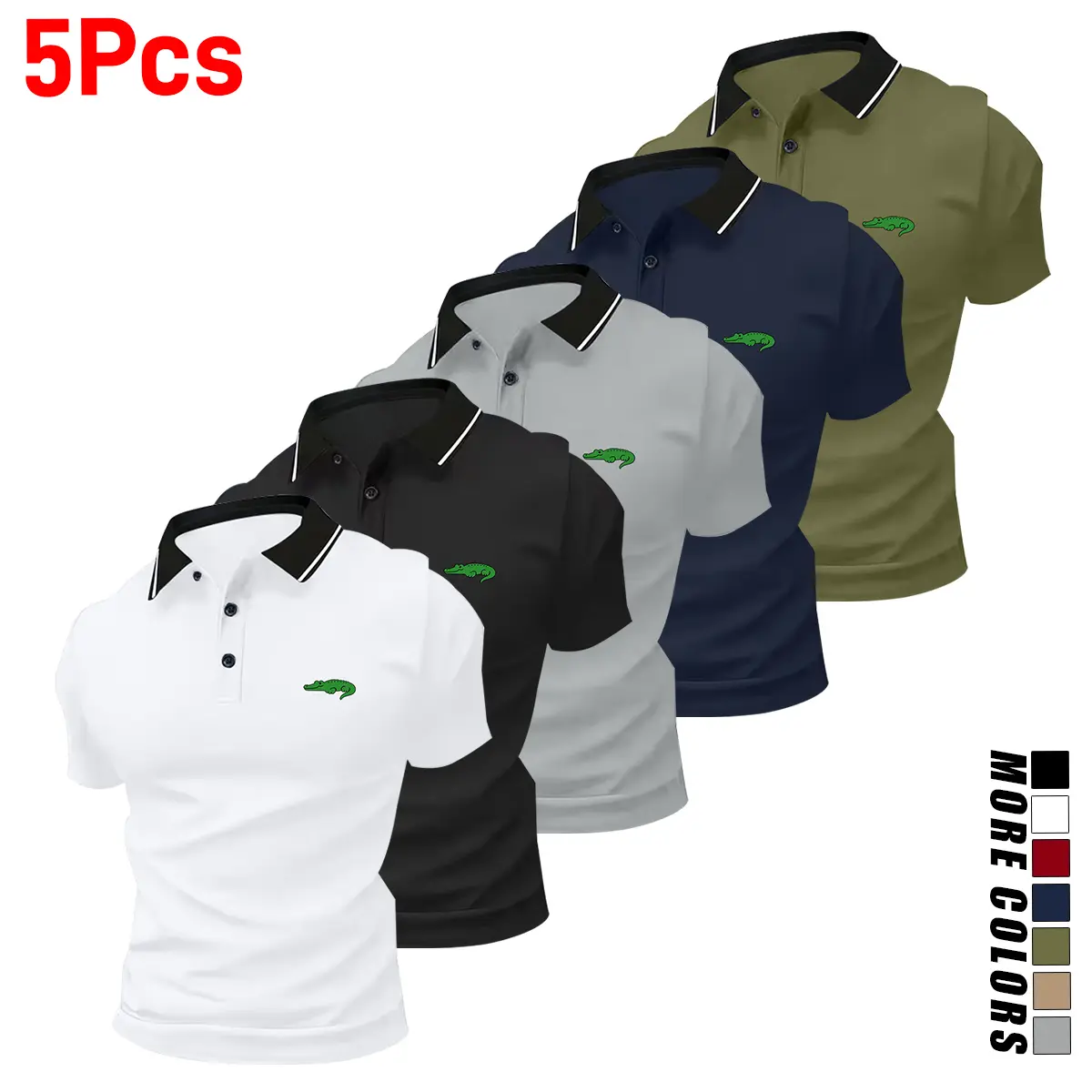 Pack of 5 summer men’s short-sleeve polo shirts with turn-down collar and crocodile print; casual sportswear tops for men—essential for business travel, dates, and home wear | Breathable, comfortable fabric; casual style | Golf shirt