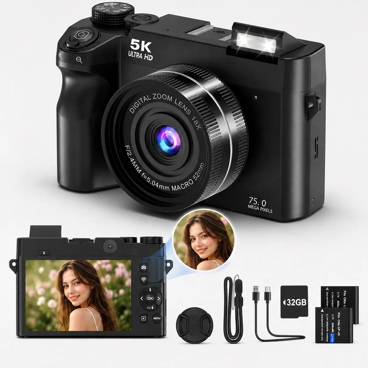 5K Digital Camera for Back to School, 75MP, 180° Flip Screen, 18X Digital Zoom, WiFi, Autofocus, Fill Light, 32GB SD Card, 2 Batteries, Point and Shoot Camera for Students, Vlogging & Photography