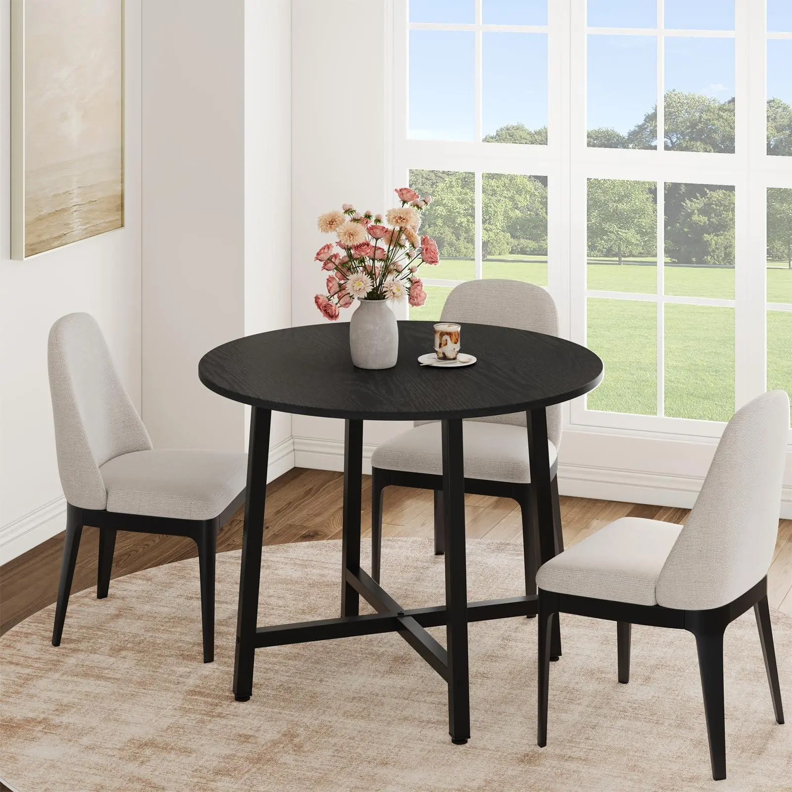 31.5 Inch Round Dining Table for 2-4, Small Kitchen Dining Room Table for Space Saving, Wood Circle Kitchen Table with Sturdy Metal Frame,Black(No Chairs)