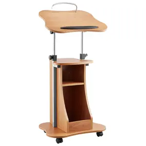 Podium Stand 43-Inch Wooden Lectern With Lockable Wheels, Built-In Storage Shelf, Height Adjustable Presenter Podium With Sturdy Oak Finish, Portable Lectern For Conferences, Meetings, Lectures, Presentations And Events