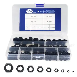 350pcs Hex Nuts Assortment Kit，Carbon Steel Metal Hex Nuts Assorted Metric Black Hardware Nuts Set for Screw Bolt (M2 M2.5 M3 M4 M5 M6 M8 M10 M12)