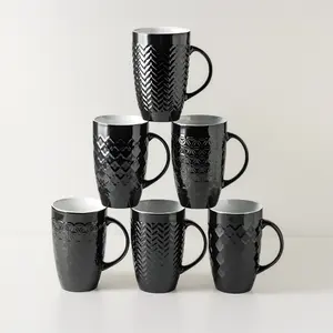 Large Coffee Mugs Set of 6, 16oz Ceramic Tall Coffee Mugs Set with Textured Geometric Patterns for Coffee/Tea/Beer/Hot Cocoa, Dishwasher & Microwave Safe, Black