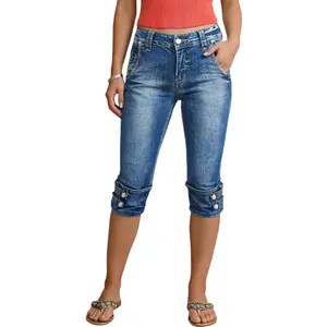 Flamingals Button Tab Roll Hem Mid Waist Skinny Capri Jeans Womenswear Stretchy 17.3" Inseam