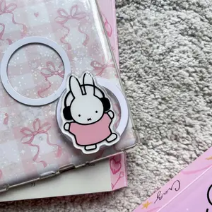 Cute Rabbit Wearing Headphones Phone Stand Aesthetic Music Bunny Griptok Coquette Pink Bow Background Decor Kawaii Animal Phone Accessory Soft Girl Gift for Music Enthusiasts