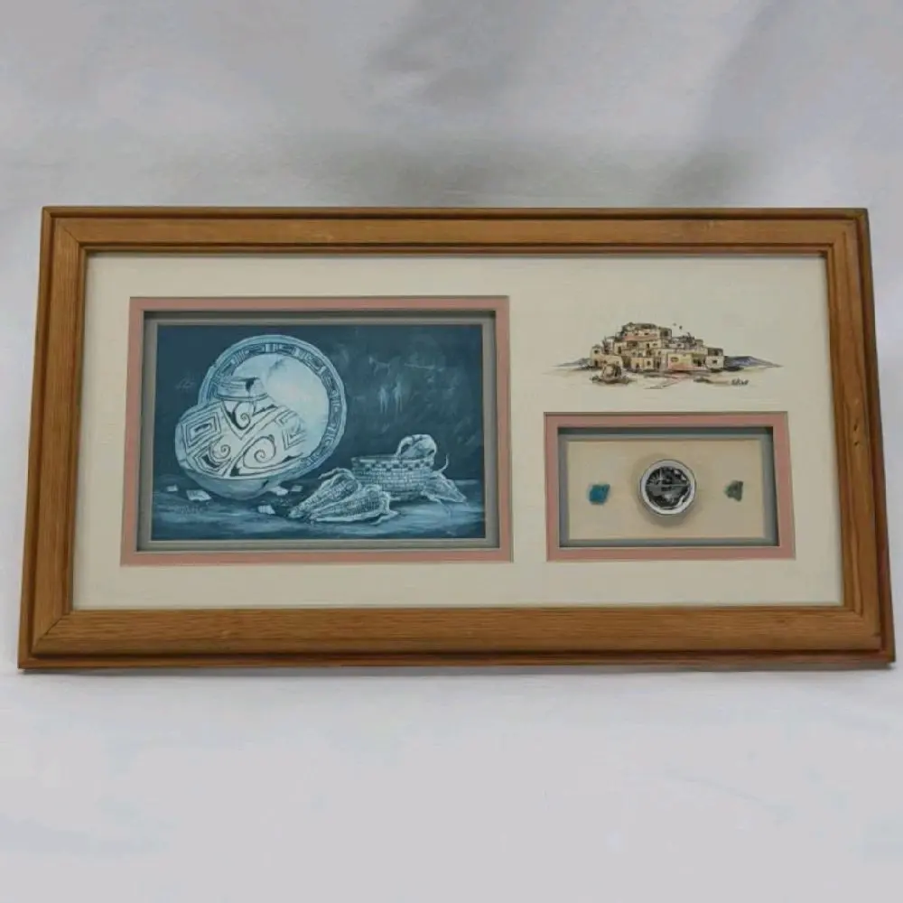 Laverne Elliott Anasazi Pottery Art Shadowbox Frame w/ Real Turquoise Chunks