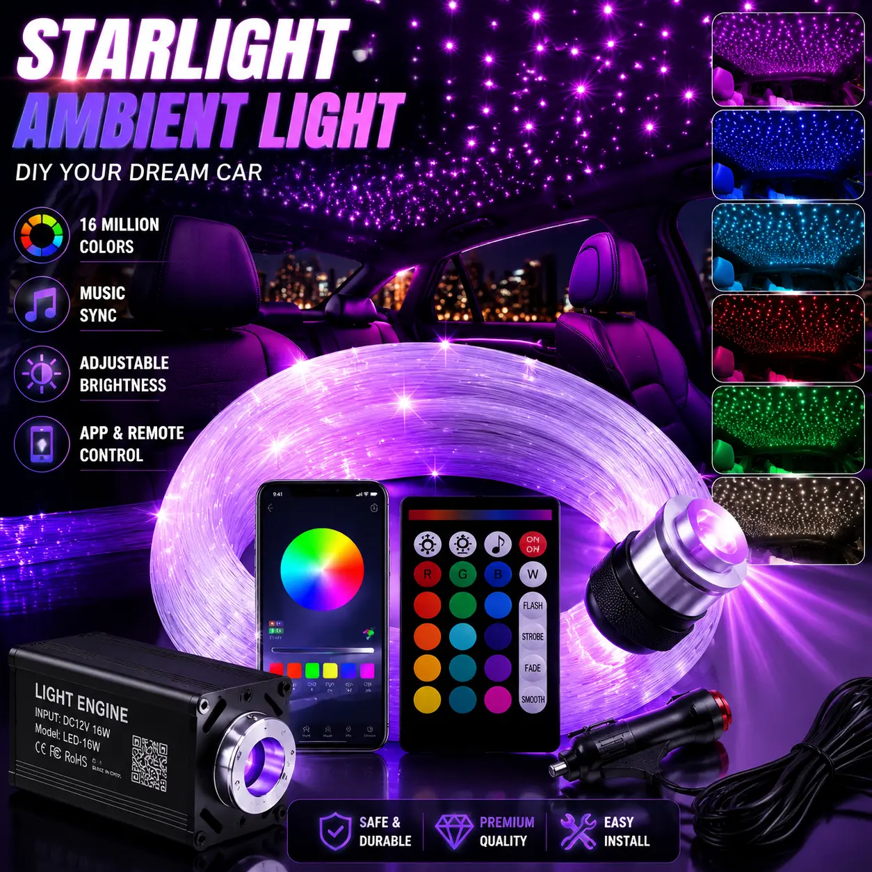 1000PCS Car Home Headliner Star Light Kit Fiber Optic Twinkle Ceiling Light RGB Roof Starry Sky Lamp DIY Interior Decor for Truck SUV Bedroom Living Room Atmosphere Lighting