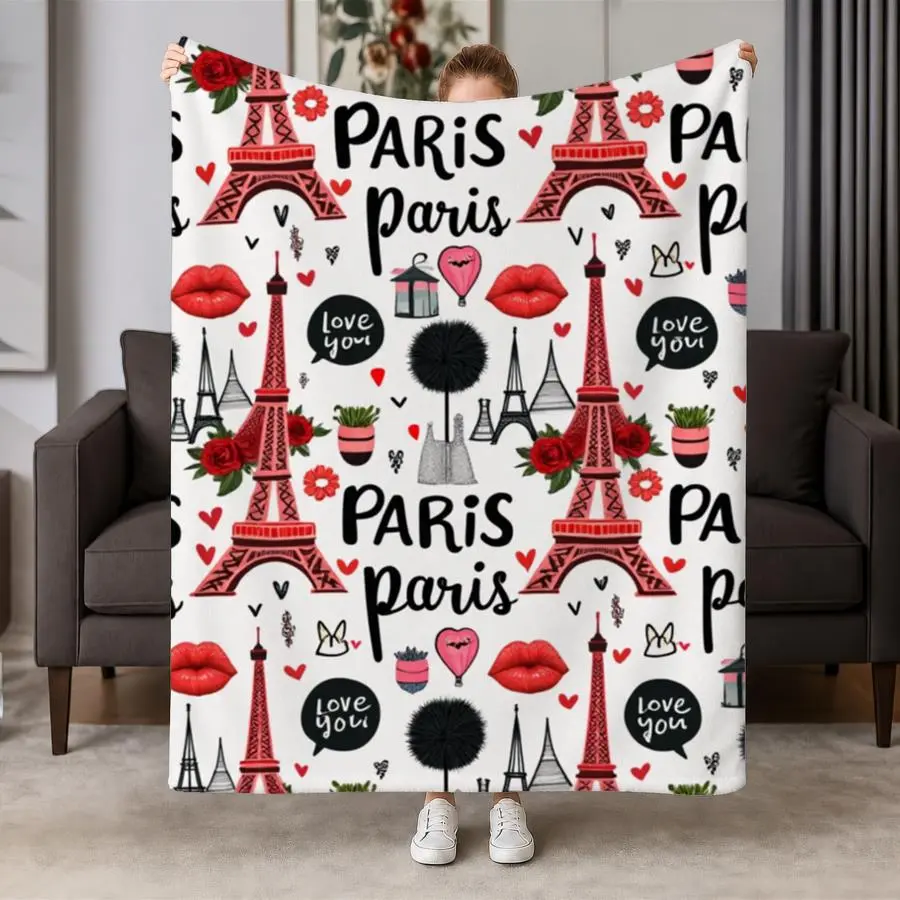 Modern Parisian Love Polyester Flannel Throw Blanket - Soft, Warm with Red Tower Sketches, Love Typography, Floral Doodles, Ideal for Couch & Bed, Home & Office, Perfect Gift for Friends & Family