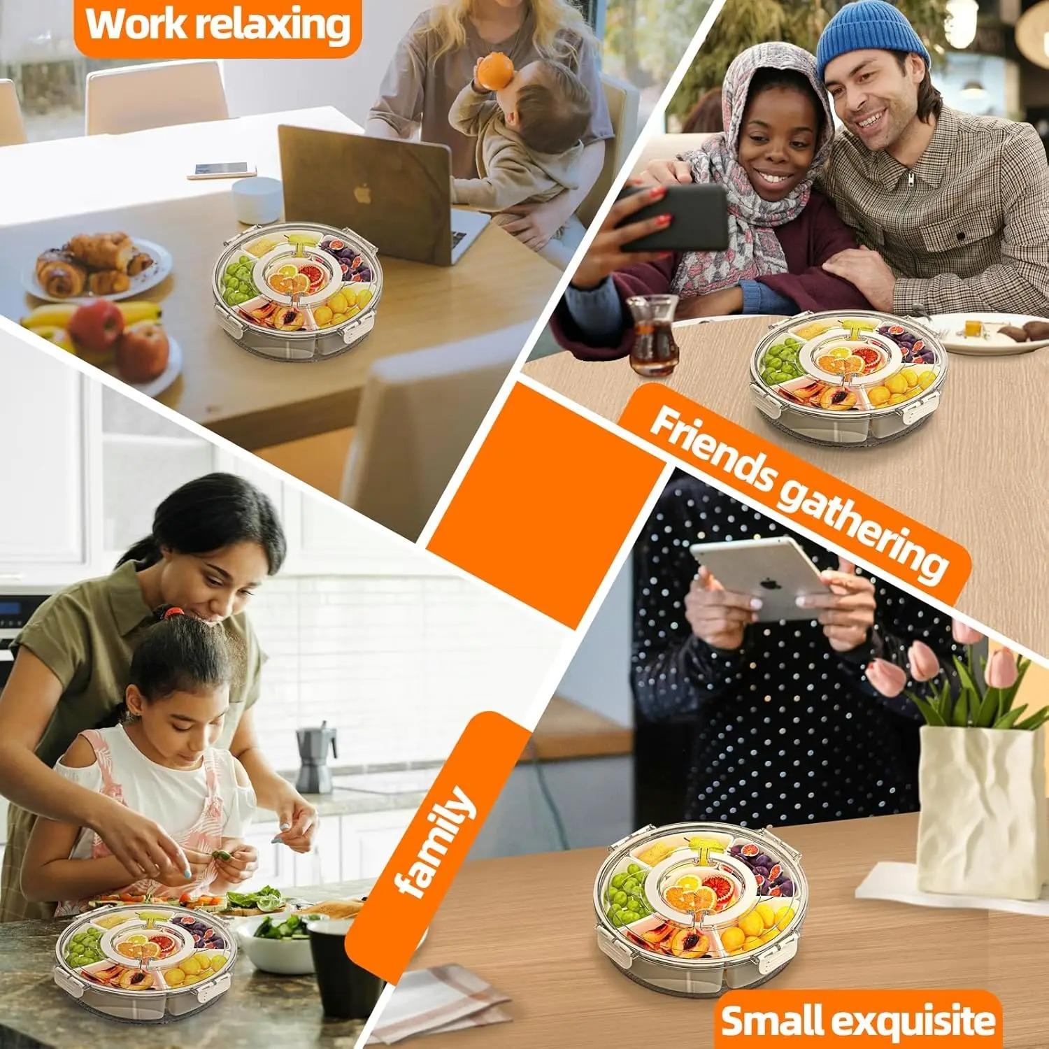 Divided Rotating Serving Tray with Lid & Handle, Portable Snackle Box BPA-Free Leakproof Reusable, Clear Snack Spinner Large Capacity for Fruits Snacks Veggie Charcuterie Nuts Candy, Ideal for Party Picnic Travel On-the-Go Home Kitchen