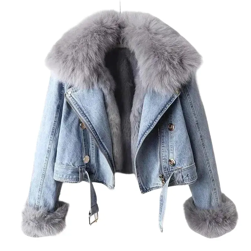 Women Faux Fox Fur Collar Jean Coat Winter Denim Jacket Female Short Warm Parkas Rabbit Hair Lining Outwear Fashion Overcoat