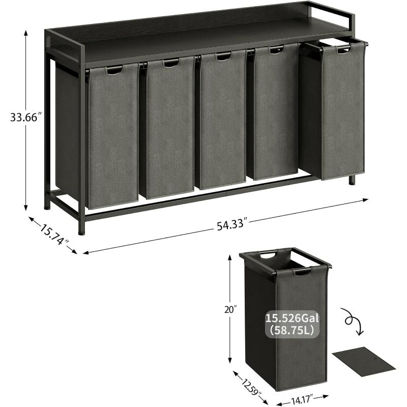 Laundry Hampers with Shelf, Laundry Basket 3 Section, Laundry Sorter with Pull-Out Removable Large 3 Color Bags and Movable Wheels, Metal Frame, 3 x 15.87 Gallons (60L), Rustic Brown PF04XLN